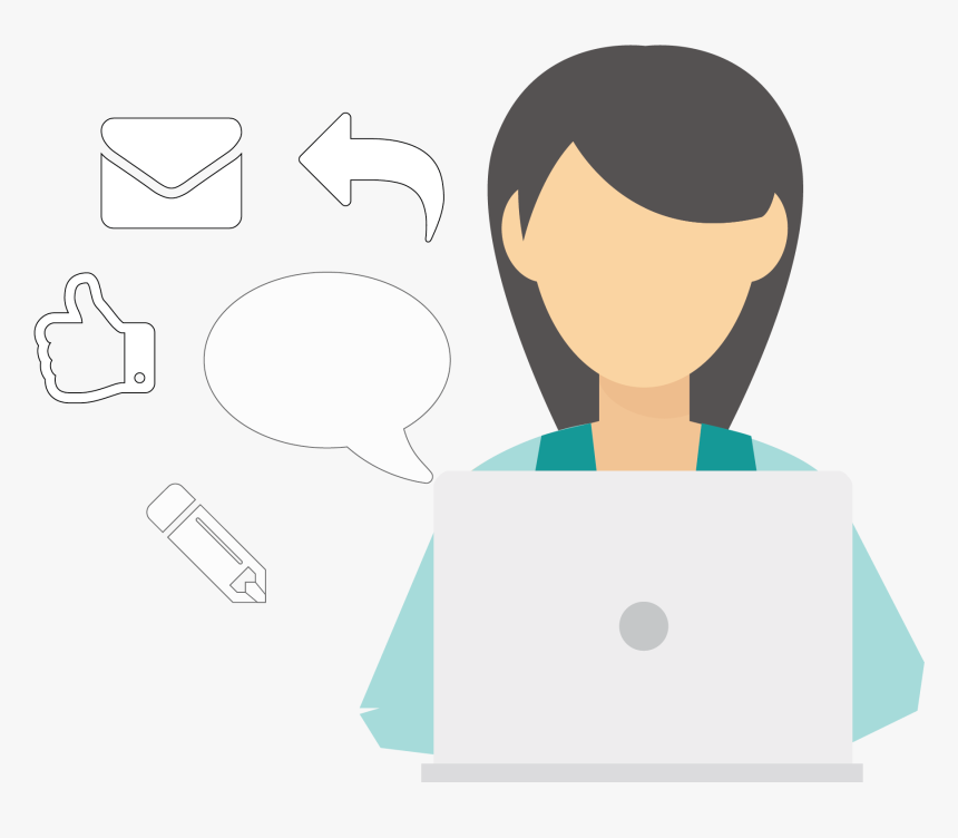 Person using laptop with icons for email, reply, thumbs-up, speech bubble, and pencil indicating digital communication and content creation.