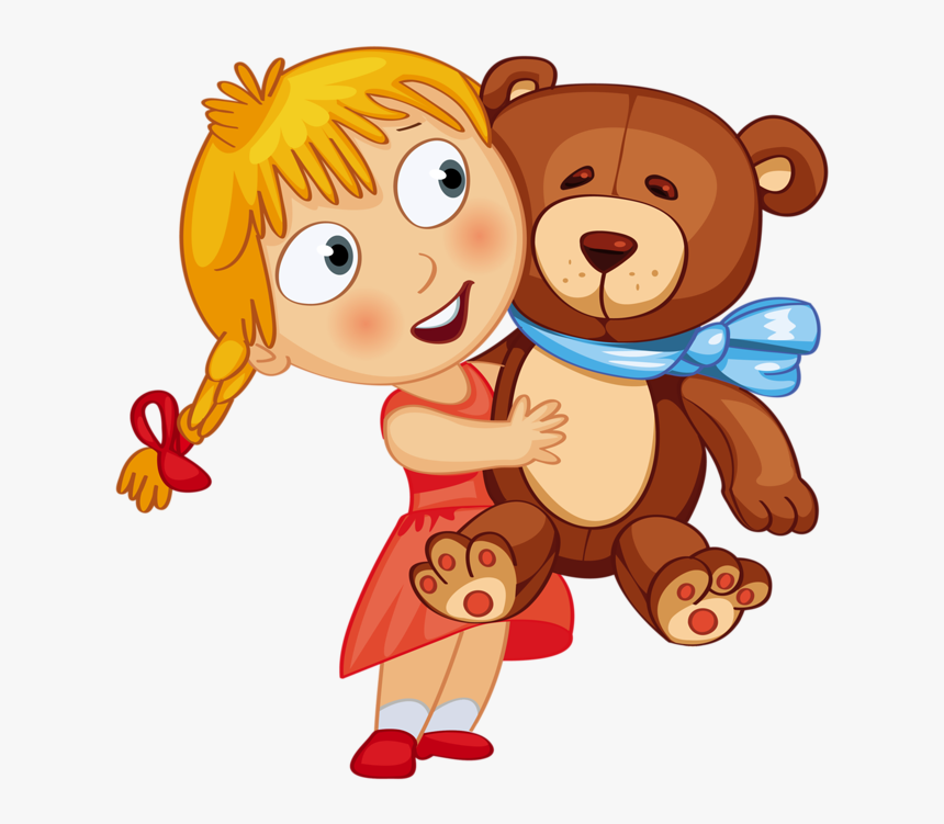 Smiling girl with blonde braids hugs a brown teddy bear wearing a blue scarf.