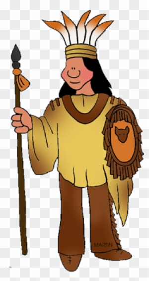 Cartoon illustration of a Native American chief wearing feathered headdress, holding spear and shield.
