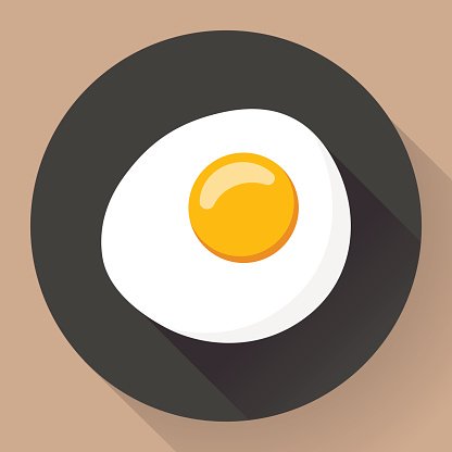 Sunny-side-up egg on a black plate with long shadow, flat design illustration.