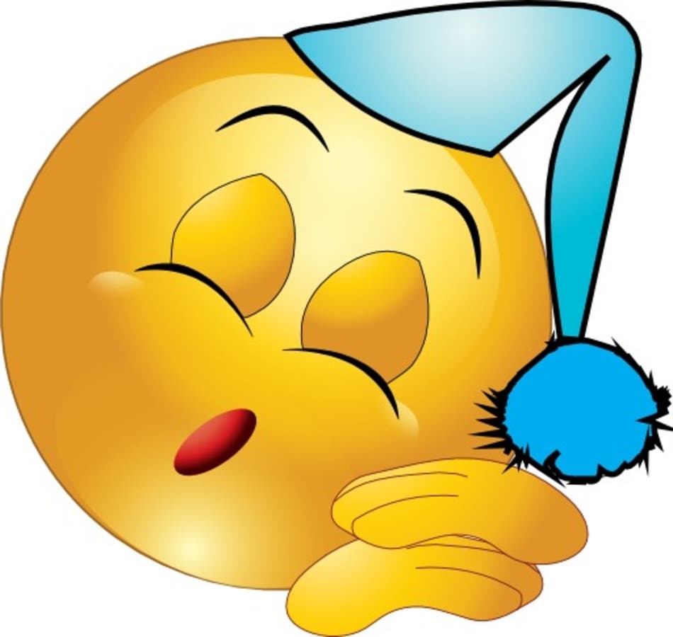 Yellow emoji sleeping peacefully with closed eyes, red lips, and a blue nightcap with pom-pom.