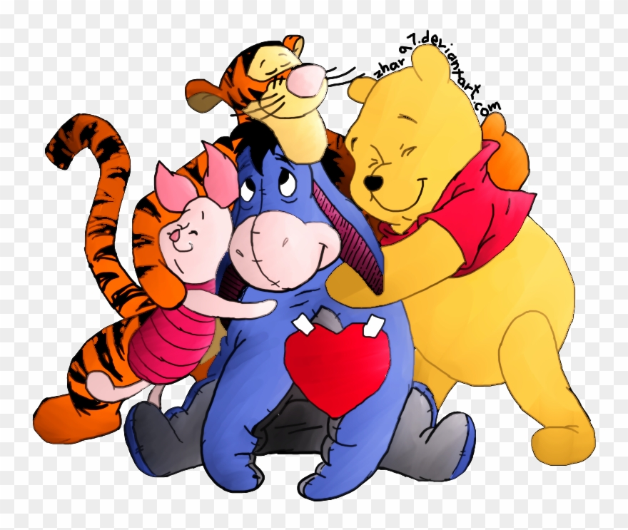 Winnie the Pooh, Tigger, Piglet, and Eeyore hugging warmly with a red heart on Eeyore’s chest.