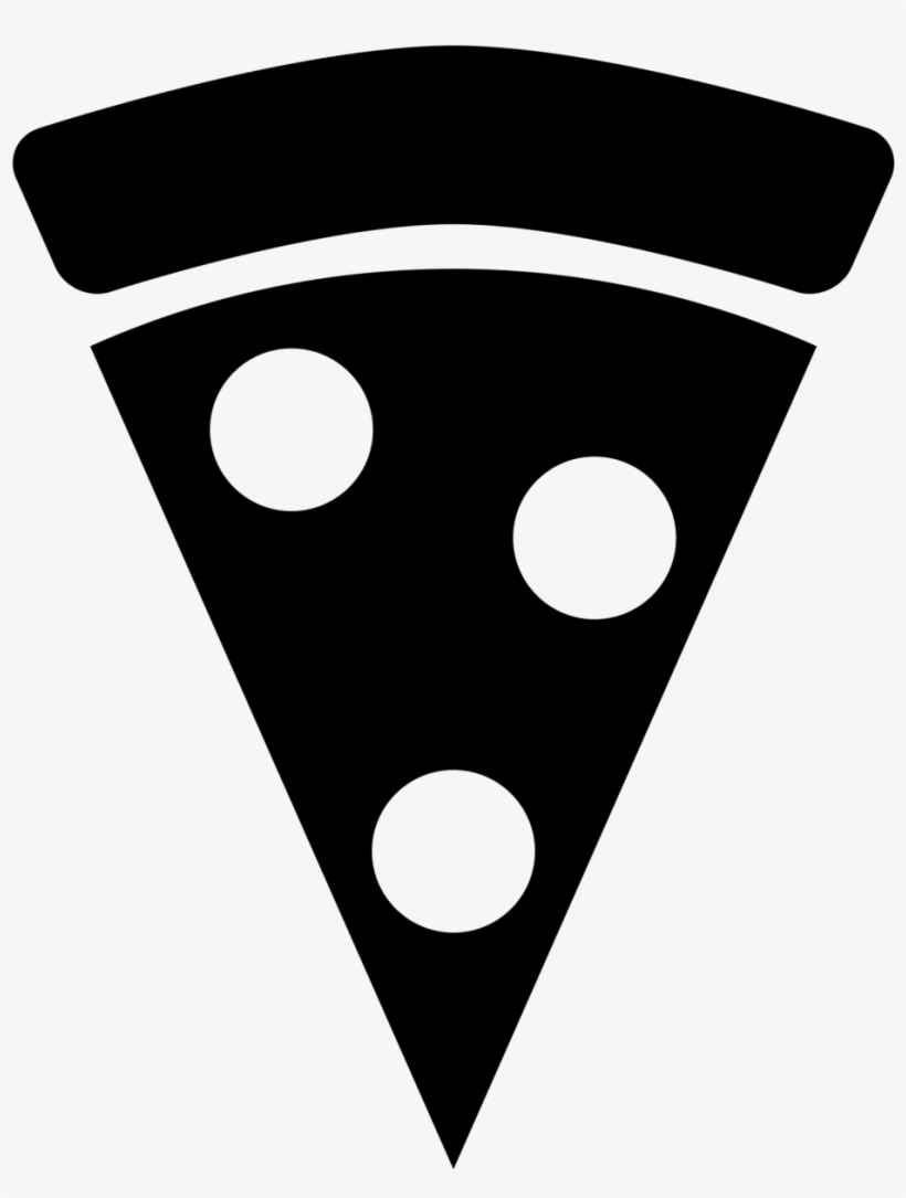 Black silhouette of a pizza slice with three white circles representing toppings and a curved crust.