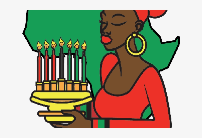 A Black woman in red attire holds a Kinara with seven lit candles (red, black, green) against a green map of Africa.