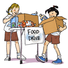 Two smiling children sorting donated food into boxes at a food drive table with a sign.