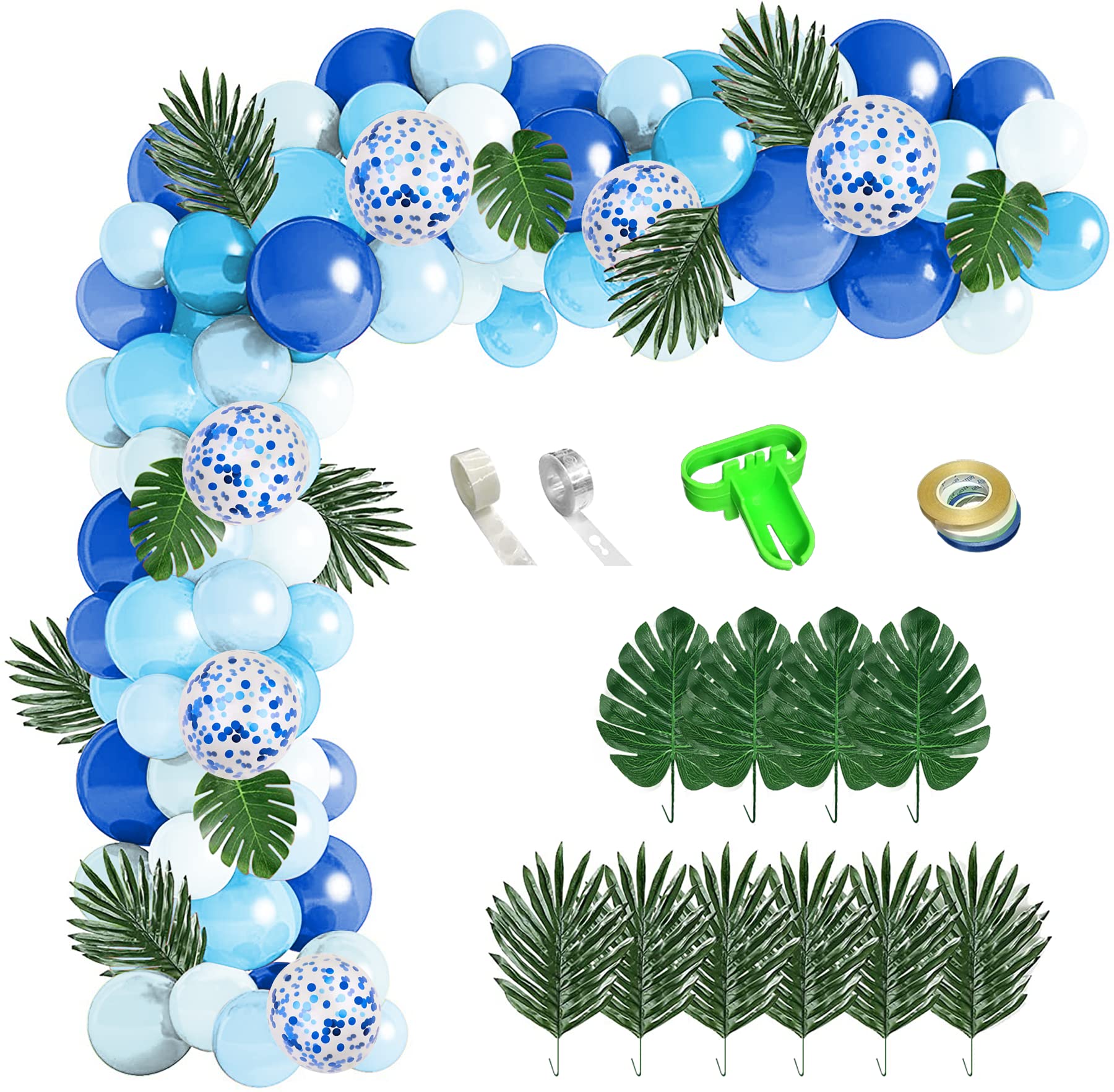 Blue balloon arch kit with confetti balloons, tropical leaves, tape, and balloon tools for party decoration.