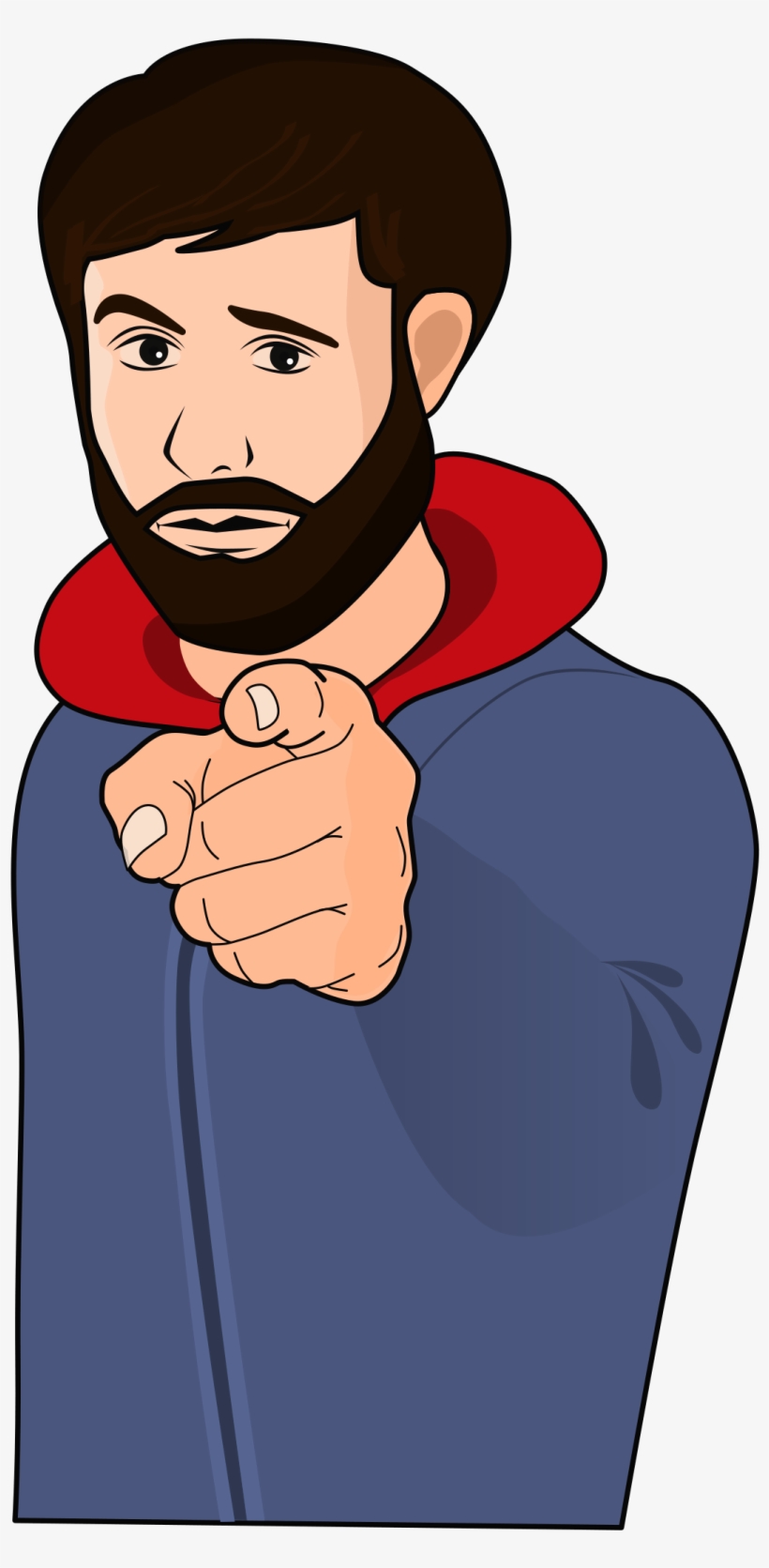 Bearded man in blue hoodie with red collar pointing directly at viewer with serious expression.