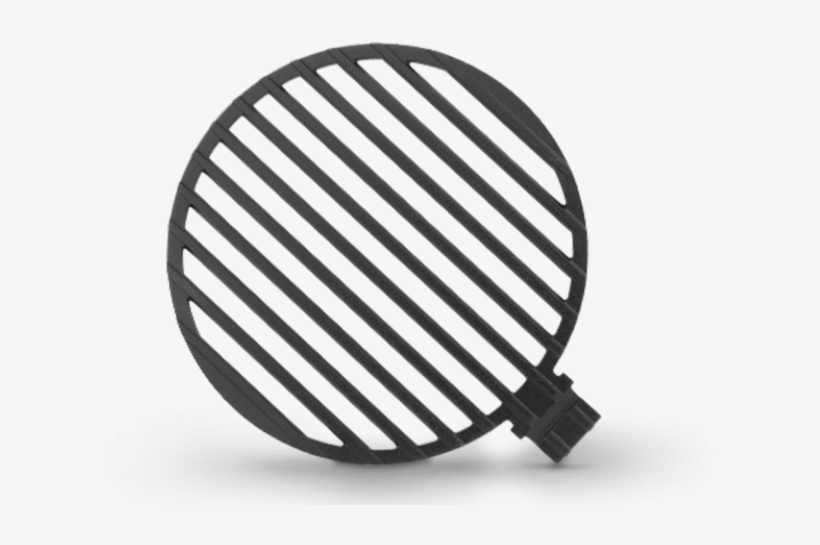 Black circular 3D-printed grill cover with diagonal slats and mounting tab.