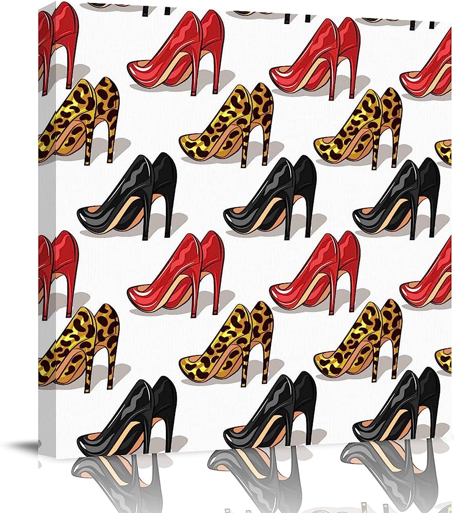 Repeating pattern of red, black, and leopard-print high-heeled shoes on white background with subtle shadows.