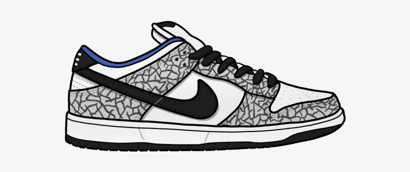 Nike Dunk Low "Cement" sneaker illustration with grey cracked texture, black swoosh, and white/blue accents.