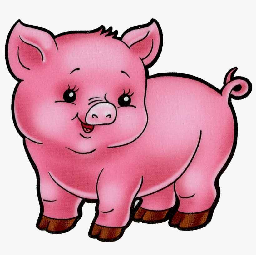 Cute pink cartoon piglet with smiling face, curly tail, and brown hooves.