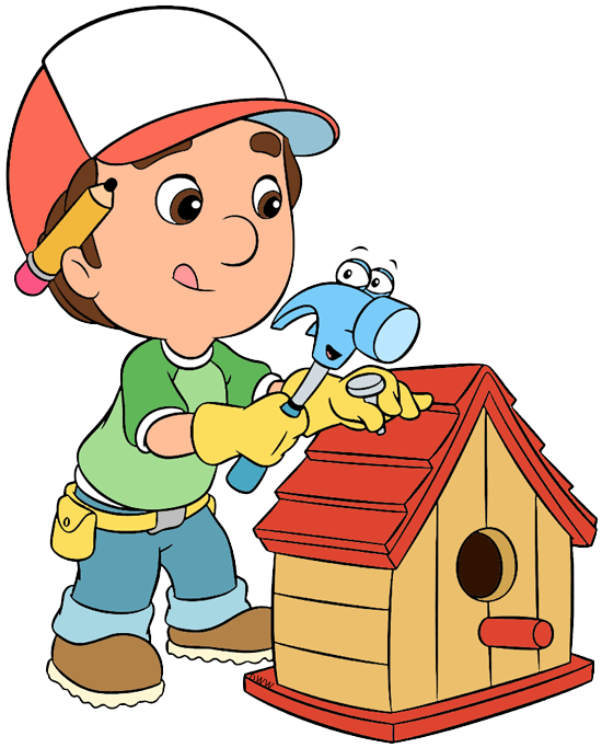 A cartoon boy in a cap and gloves hammering a nail into a wooden birdhouse with a smiling blue hammer.