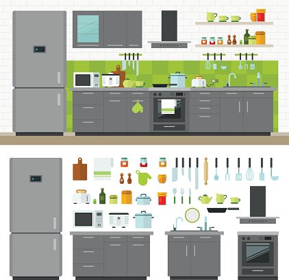 Modern gray kitchen with appliances, green tile backsplash, and organized utensils and ingredients displayed below.