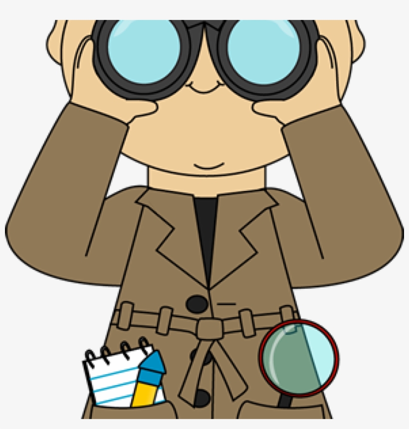 Cartoon detective in trench coat using binoculars, with magnifying glass and notepad in pocket.