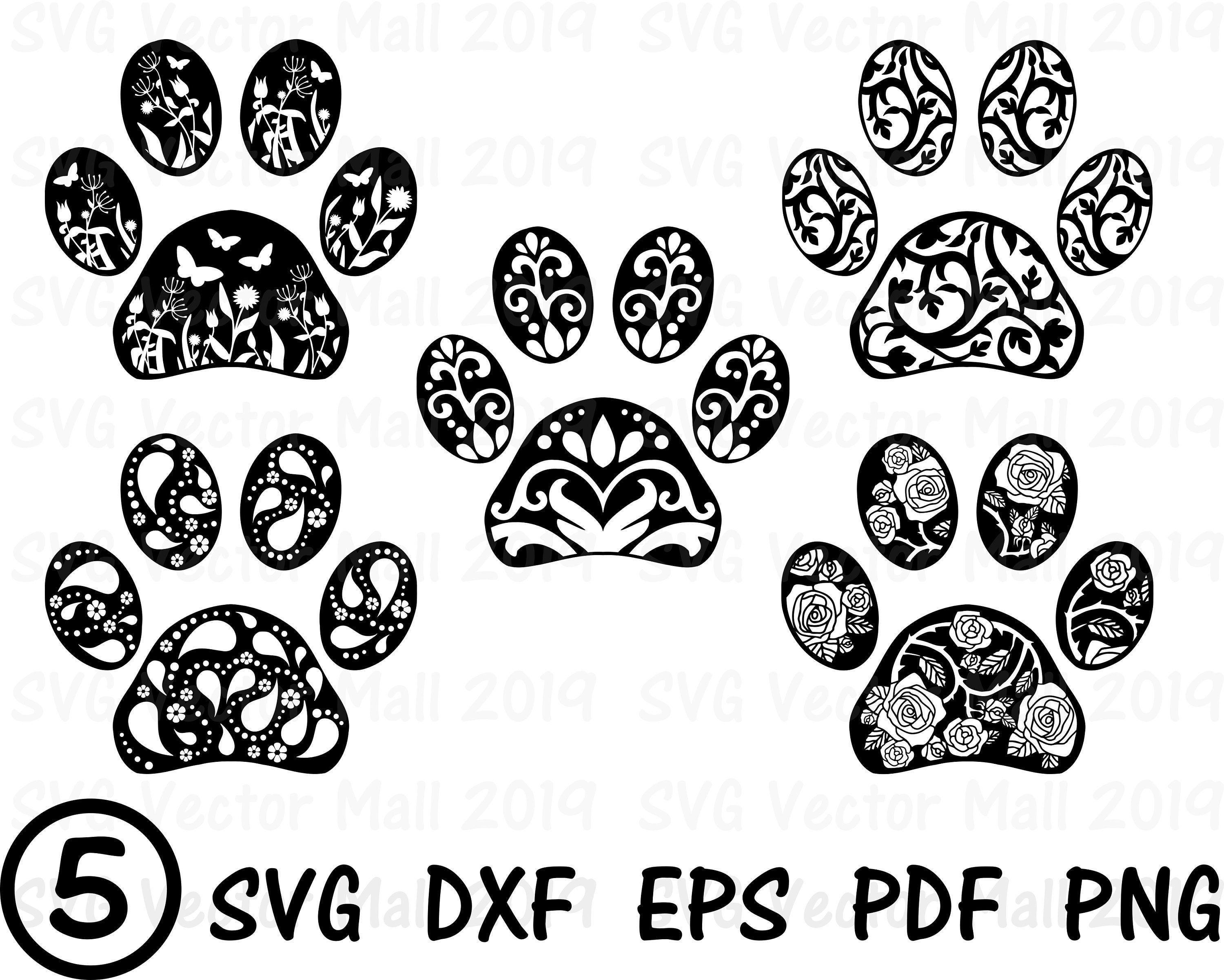 Five ornate paw print designs with floral, vine, and rose patterns in black and white vector art.