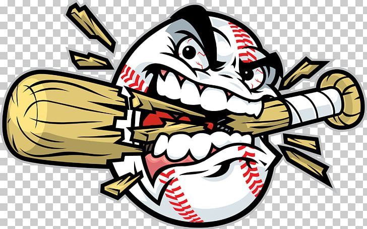 Angry baseball with teeth biting a shattered bat, cartoon mascot style.
