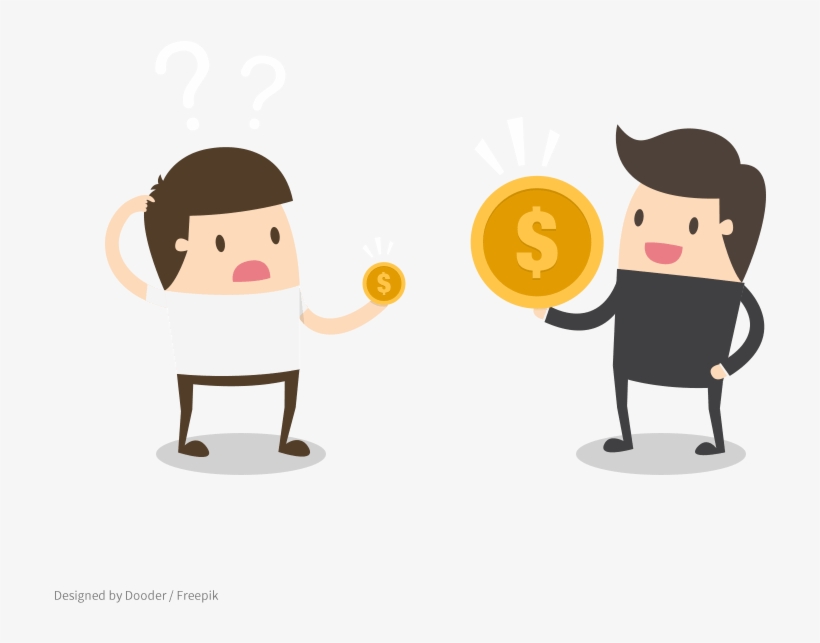 Confused man holding small coin vs confident businessman with large gold dollar coin.
