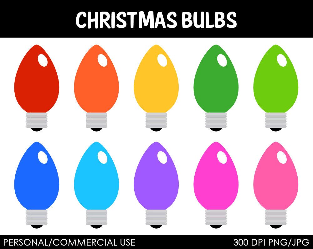 Ten colorful Christmas light bulbs in red, orange, yellow, green, blue, cyan, purple, pink, and lime, arranged in two rows.