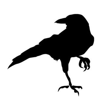 Silhouette of a crow standing on one leg, beak slightly open, wings folded, sharp talons visible against white background.