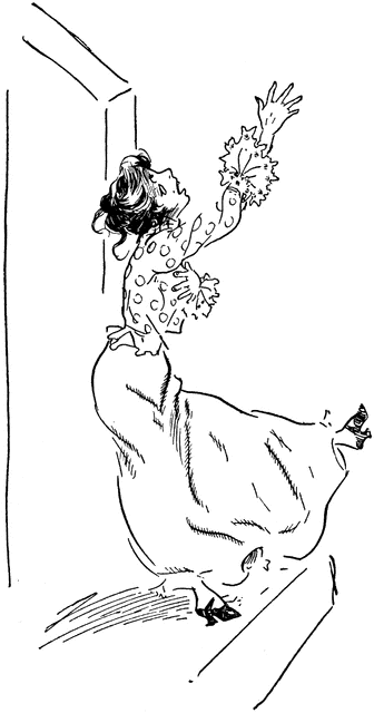 A woman in a polka-dot dress reaches upward with a leafy branch, standing on tiptoe beside a doorway.