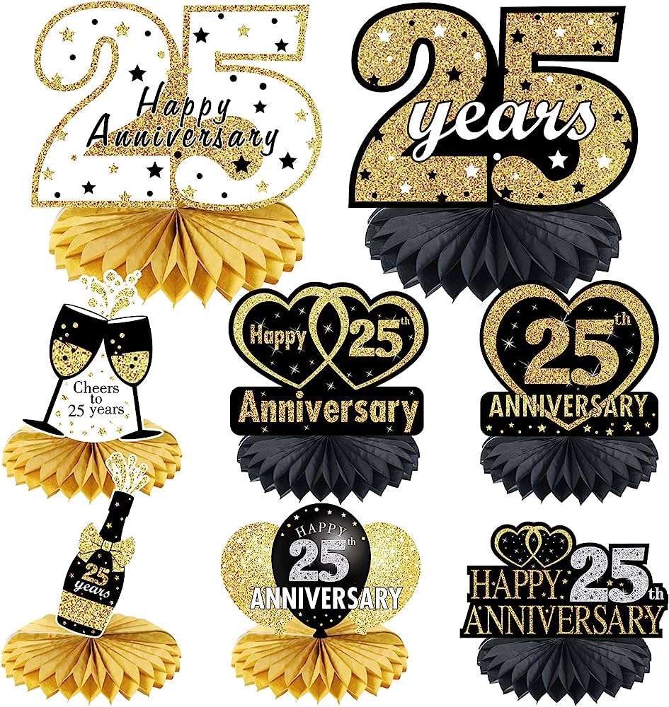 Gold and black 25th anniversary party decorations including fan toppers, hearts, champagne glasses, and balloons with glitter text.