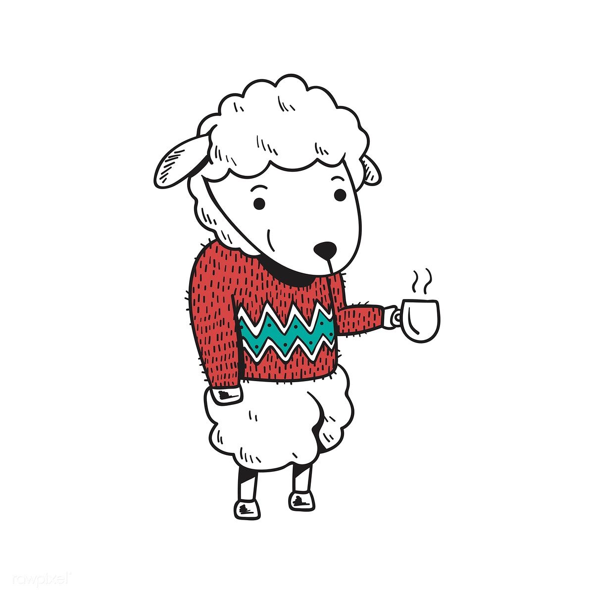 A cute cartoon sheep wearing a red sweater with green zigzag pattern, holding a steaming mug.