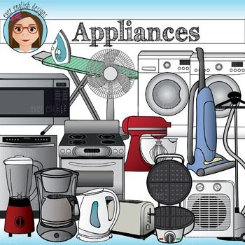 Collection of household appliances including microwave, stove, washing machine, vacuum, blender, kettle, and iron.