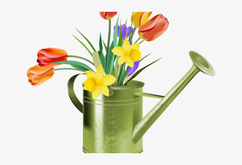 Green watering can filled with colorful spring flowers including tulips, daffodils, and irises.