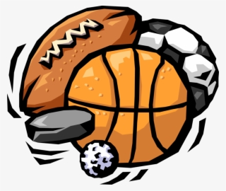 Cartoon illustration of a football, basketball, soccer ball, hockey puck, and golf ball in dynamic motion.