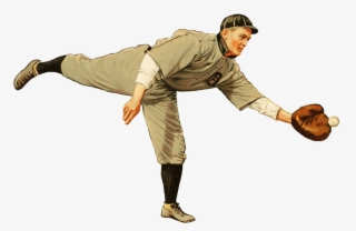 Vintage baseball pitcher in early 20th-century uniform mid-throw, wearing cap, glove, and long socks.