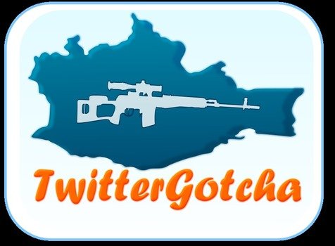 Kazakhstan map silhouette with sniper rifle overlay and "TwitterGotcha" text in orange.