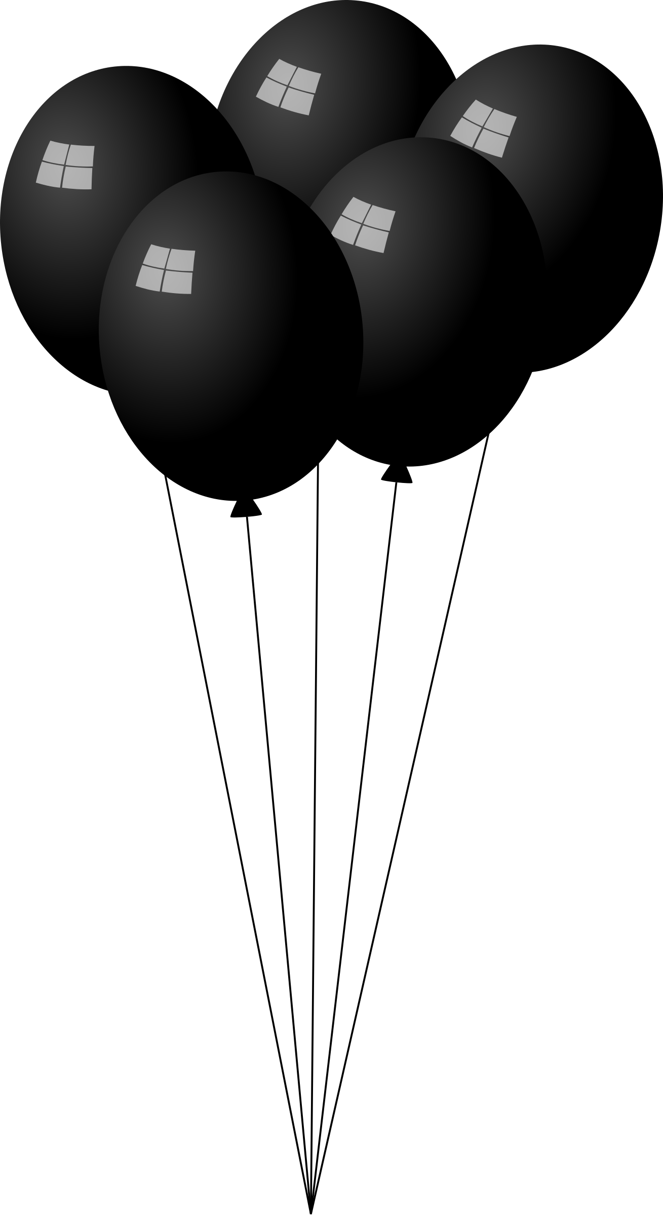Five black balloons with Windows logo printed on each, tied together against a green background.