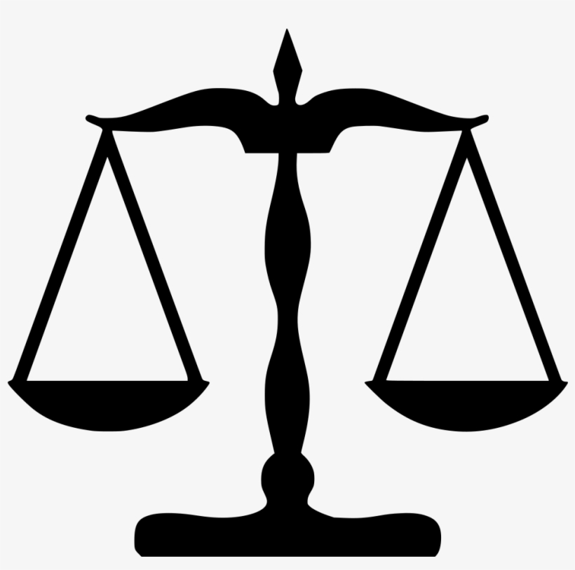 Black silhouette of balanced justice scales on white background