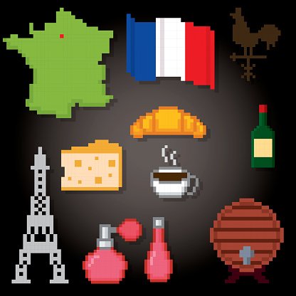 Pixel-art collage of iconic French symbols: map, flag, Eiffel Tower, croissant, cheese, wine, coffee, perfume, barrel, and rooster.