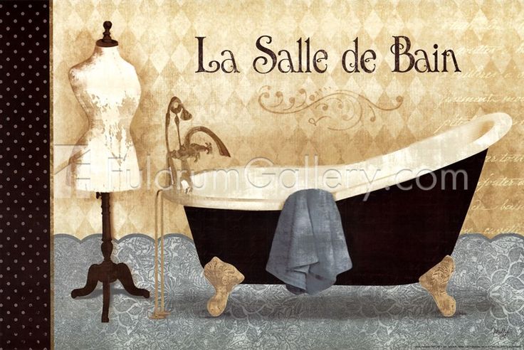Vintage French bathroom scene with clawfoot tub, mannequin, and ornate wallpaper titled "La Salle de Bain".