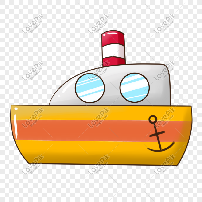 Cartoon-style yellow and orange boat with red-and-white smokestack, round windows, and anchor symbol.