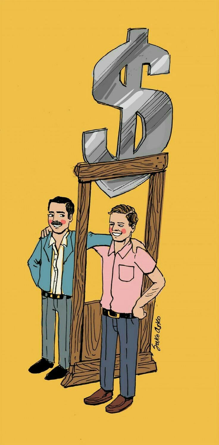 Two men stand beside a wooden guillotine topped with a giant dollar sign, smiling-satirical illustration on yellow background.