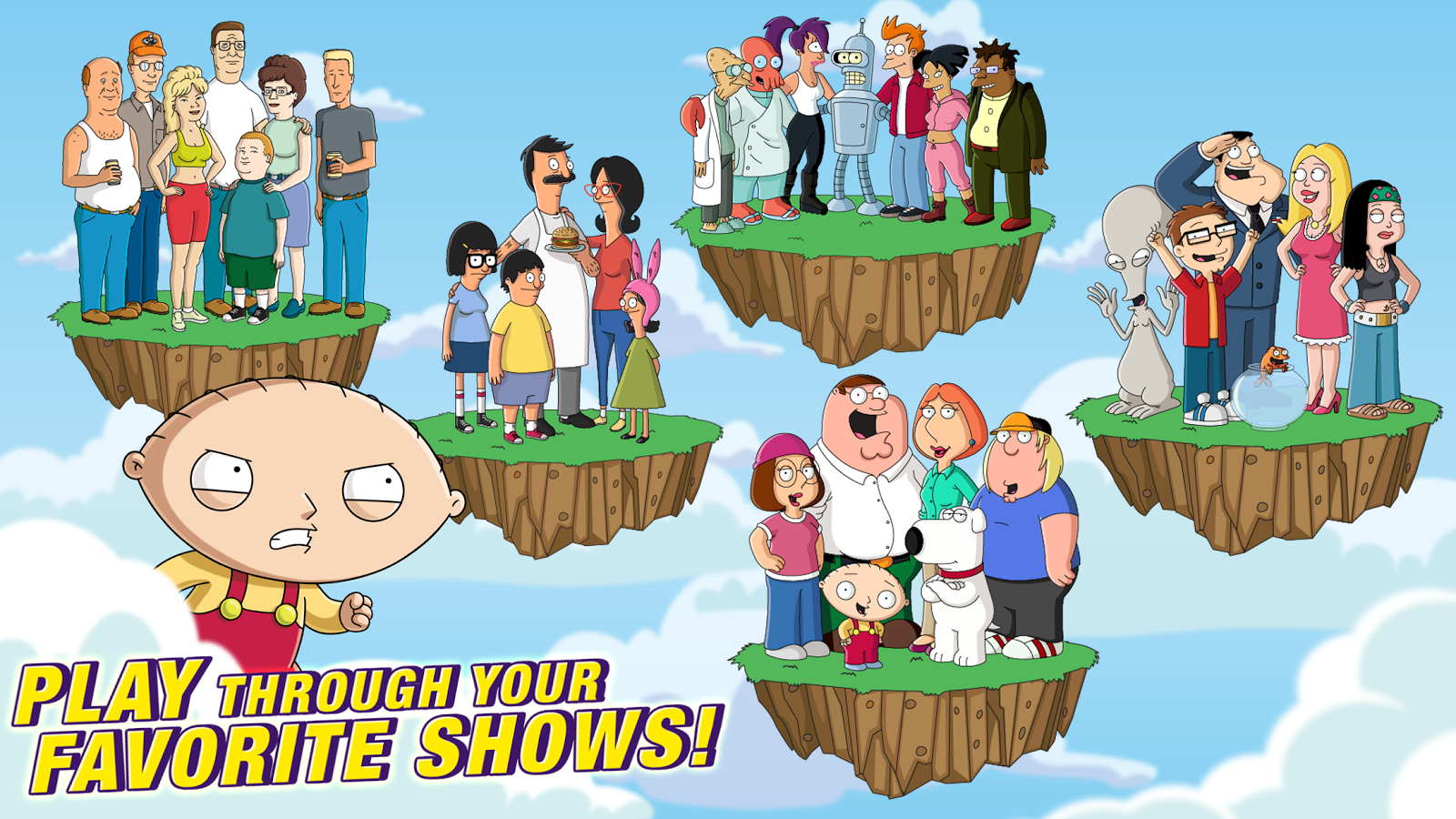 Stewie Griffin in foreground with floating islands featuring characters from Family Guy, Bob’s Burgers, Futurama, American Dad, and others.