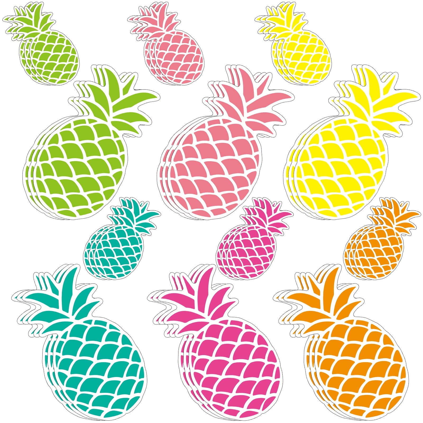 Colorful pineapple illustrations in green, pink, yellow, teal, and orange with textured patterns and layered outlines.