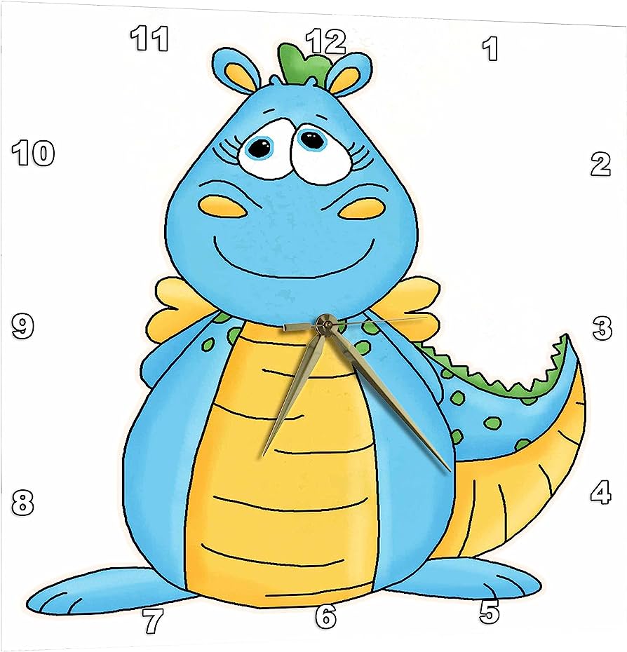 Blue cartoon dragon with yellow belly and green spikes, serving as a whimsical wall clock face with numeric hour markers.