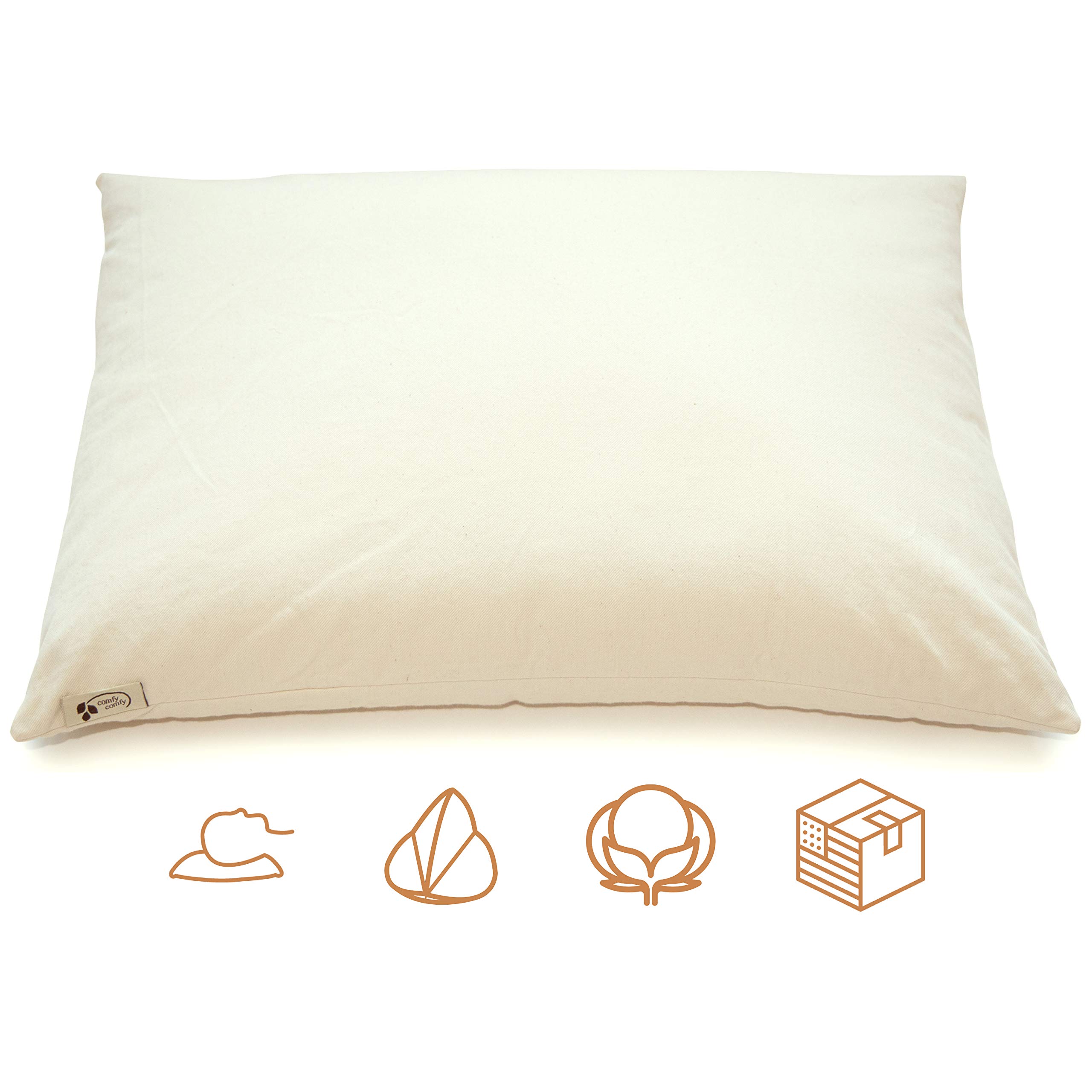 Natural cotton pillow with "comfy comfy" tag, shown with icons for sleep position, kapok fill, organic cotton, and US-made packaging.