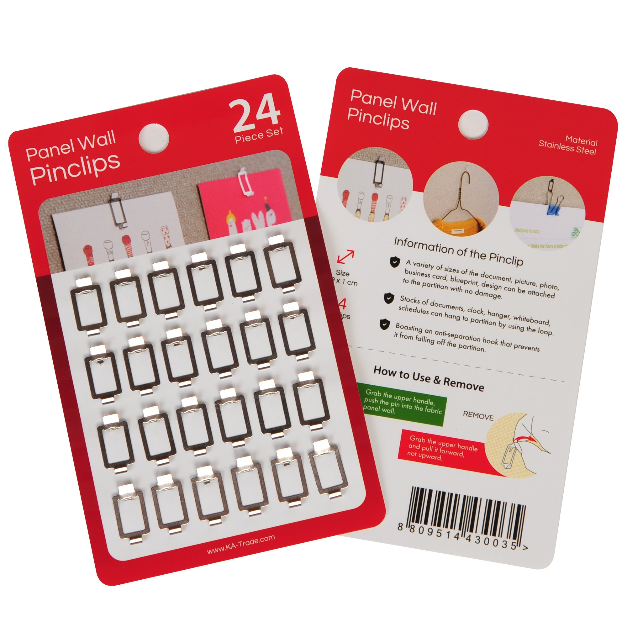 24-piece stainless steel panel wall pinclips set in red packaging, shown front and back with usage instructions.