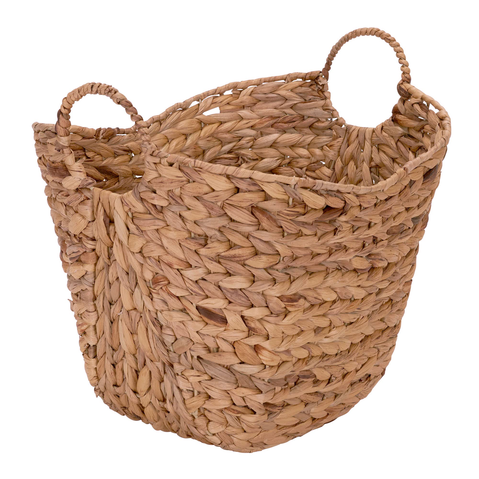 Handwoven natural seagrass basket with two loop handles, rustic tan finish and open-top design for storage or decor.