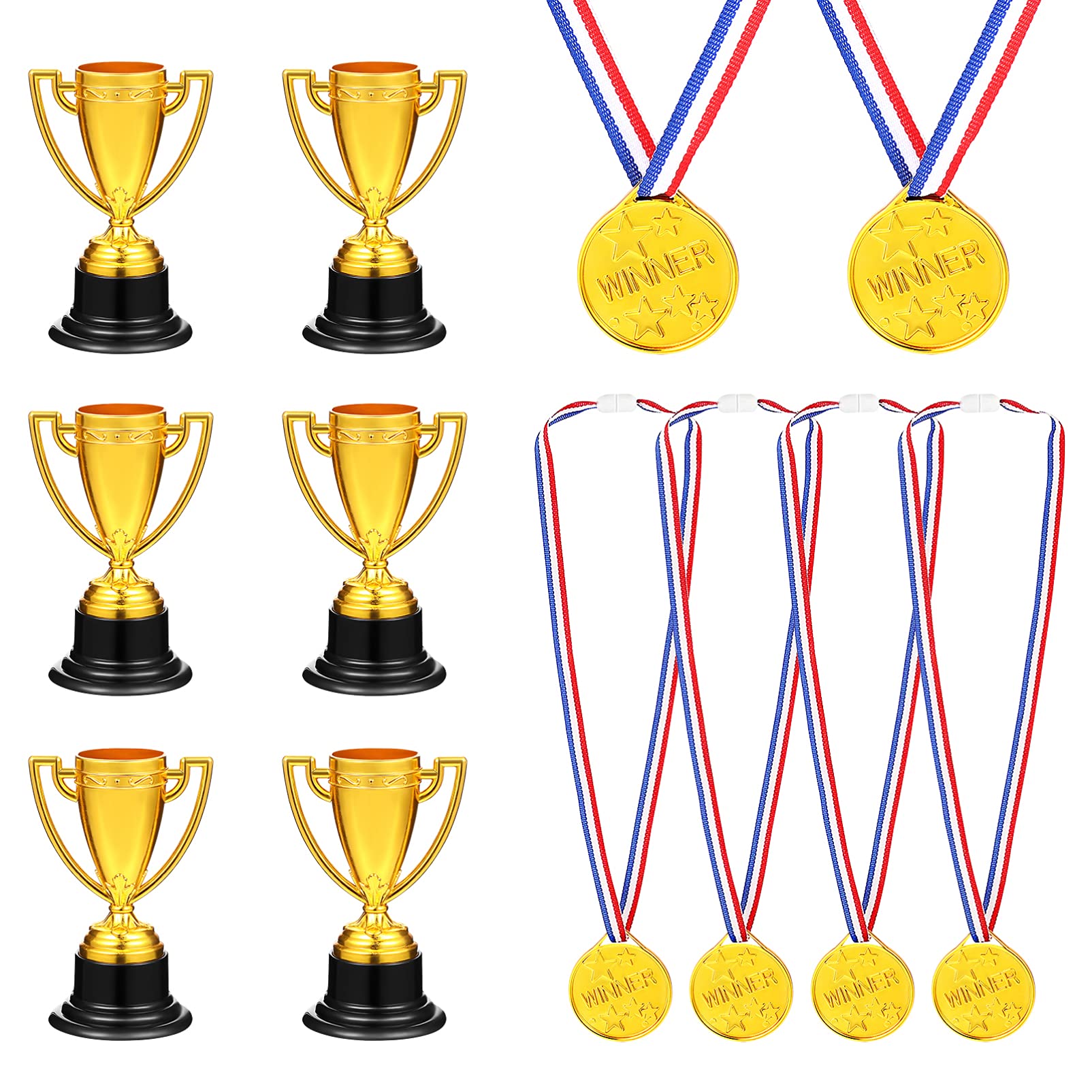 Six gold plastic trophies and six gold "WINNER" medals with red-white-blue ribbons for party favors or classroom rewards.