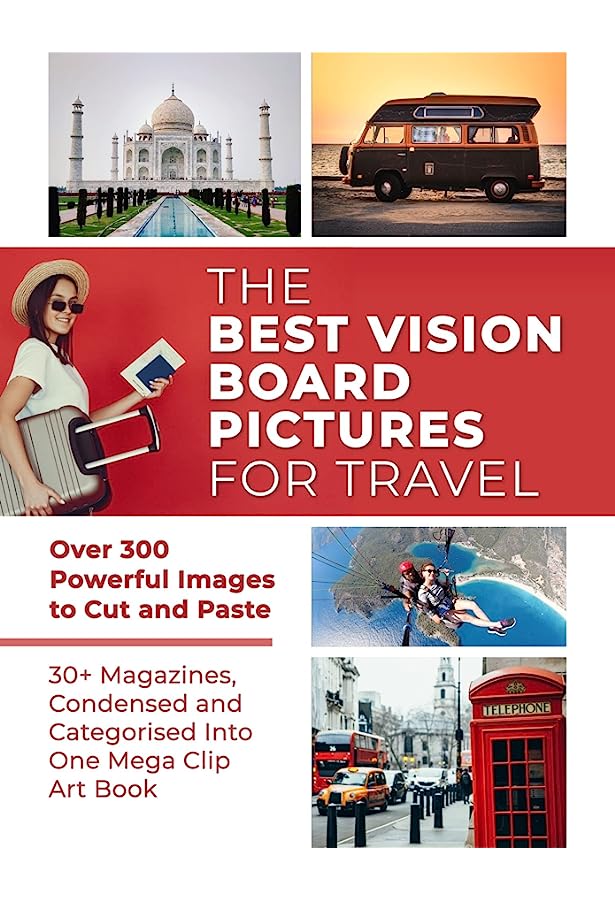 Travel vision board collage featuring Taj Mahal, vintage van, woman with suitcase, paragliding, and London street scene.