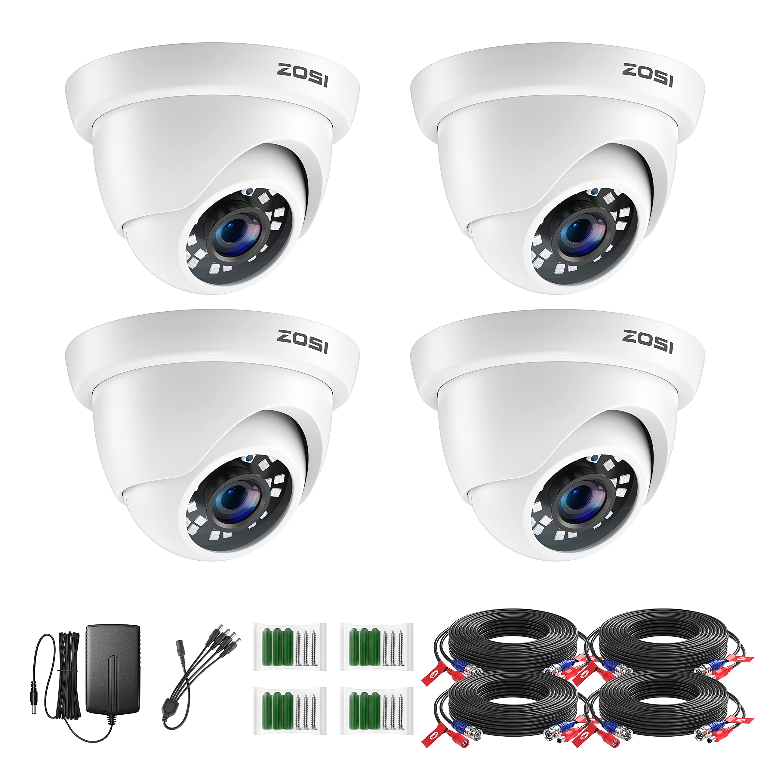 ZOSI 4-pack dome security cameras with power adapters, mounting hardware, and BNC cables included.