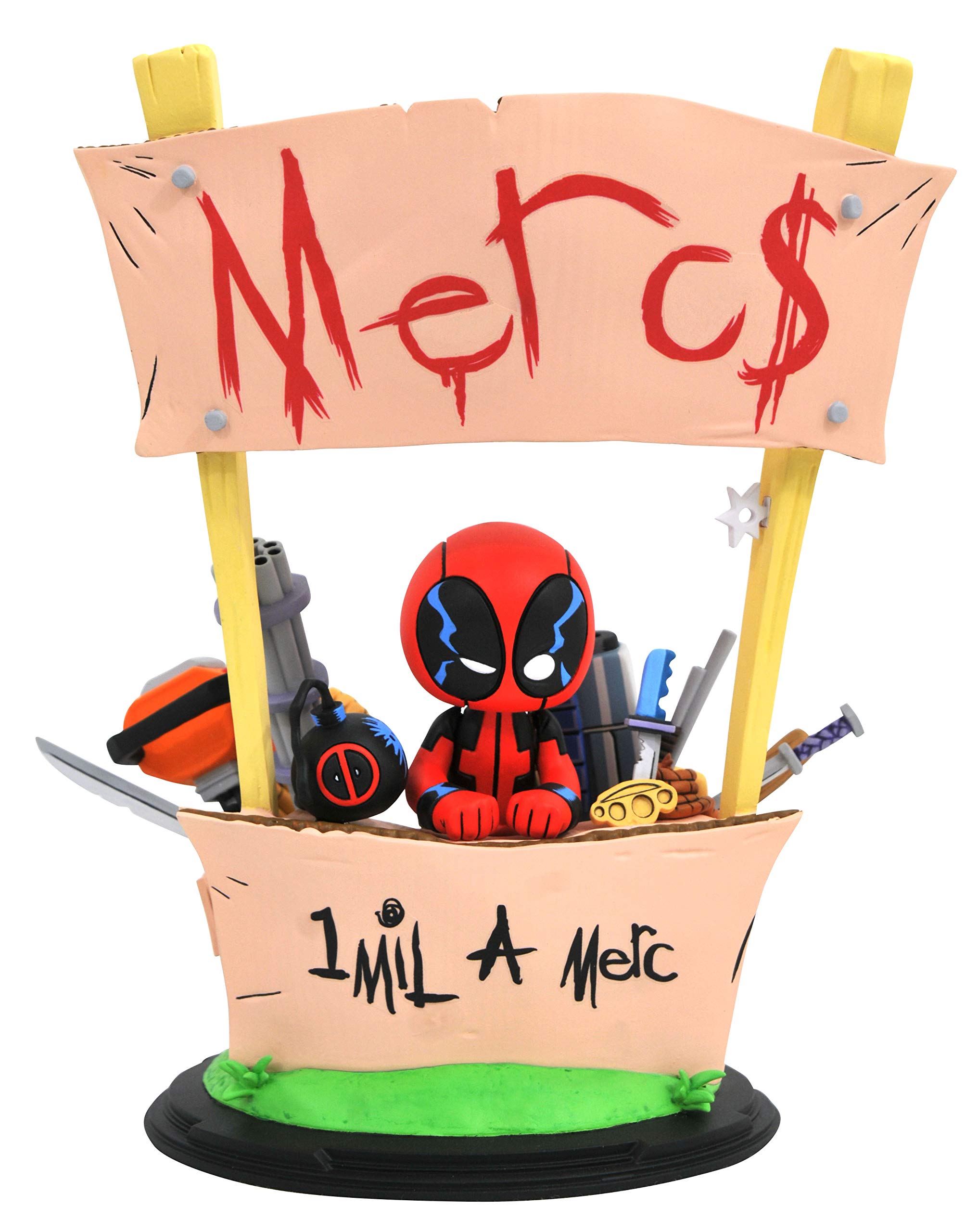 Chibi Deadpool figurine at a cardboard "Mercs $" stand with weapons and gear, styled as a mercenary-for-hire booth.