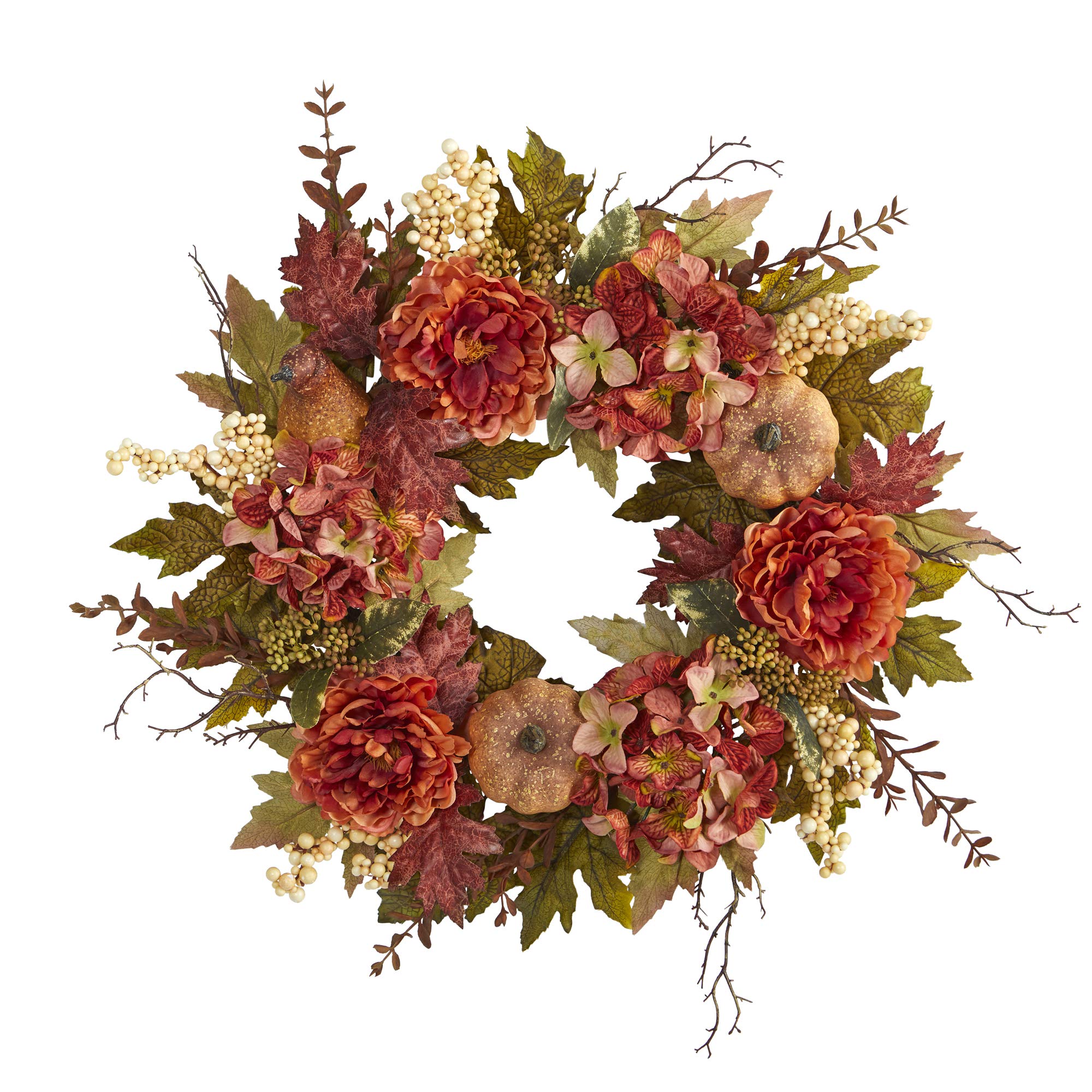Autumn wreath with orange peonies, hydrangeas, pumpkins, berries, and fall leaves on a white background.