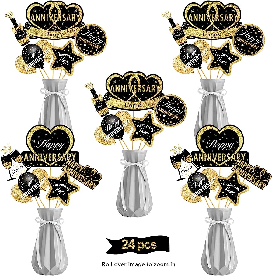 Black and gold anniversary table centerpieces with heart, star, and champagne motifs in silver vases-24-piece set.