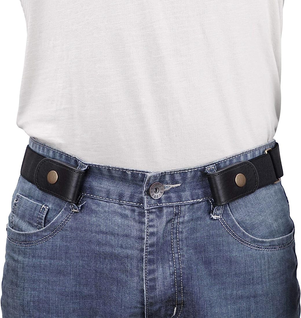 Black elastic stretch belt with snap-button closures worn on blue jeans waistband.